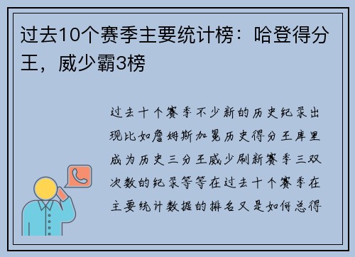 过去10个赛季主要统计榜：哈登得分王，威少霸3榜